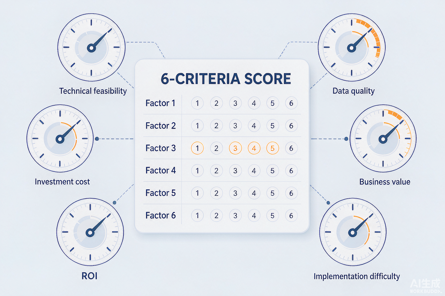 Six-criteria scoring infographic for AI scenarios