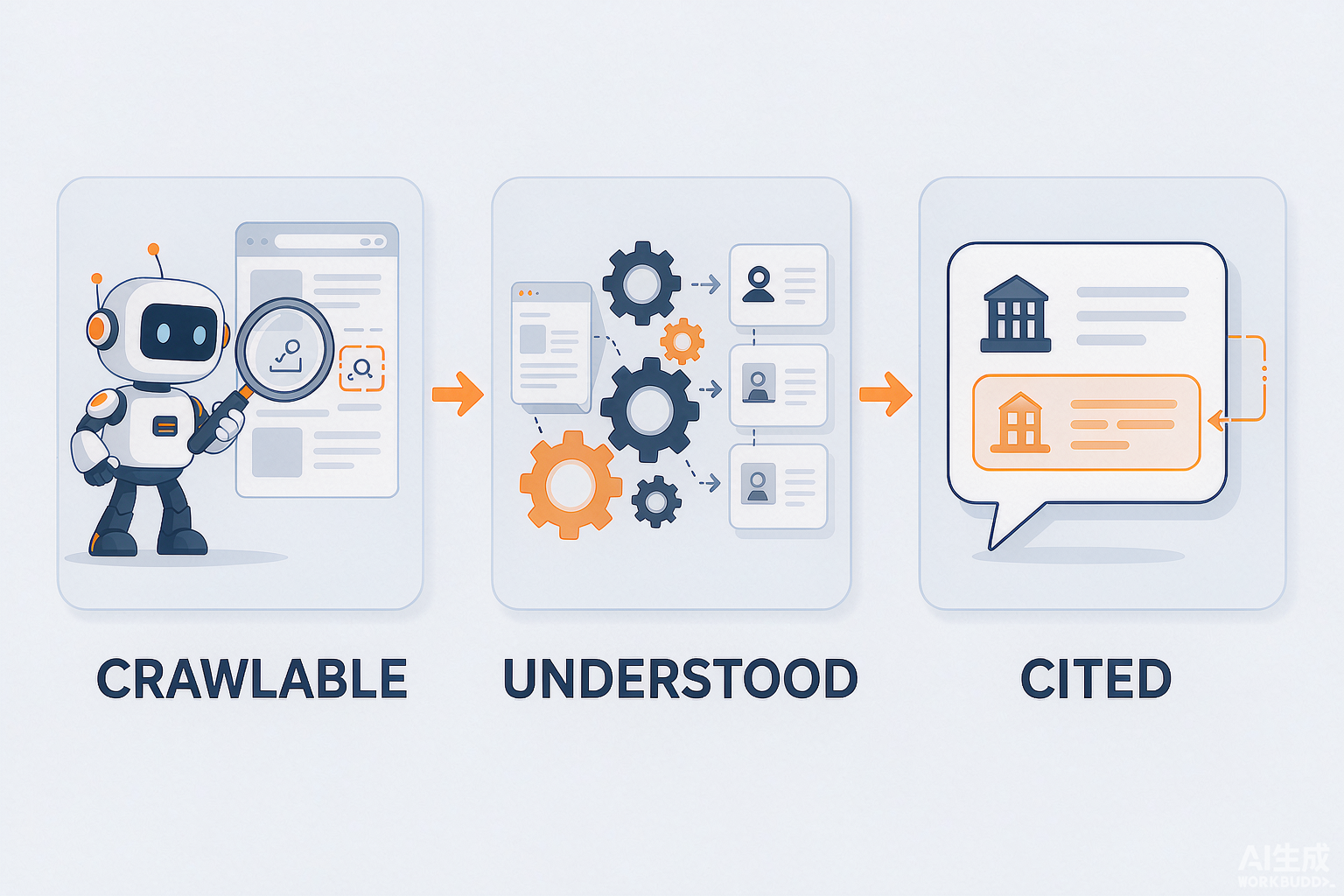 Infographic of crawl, understand and cite steps