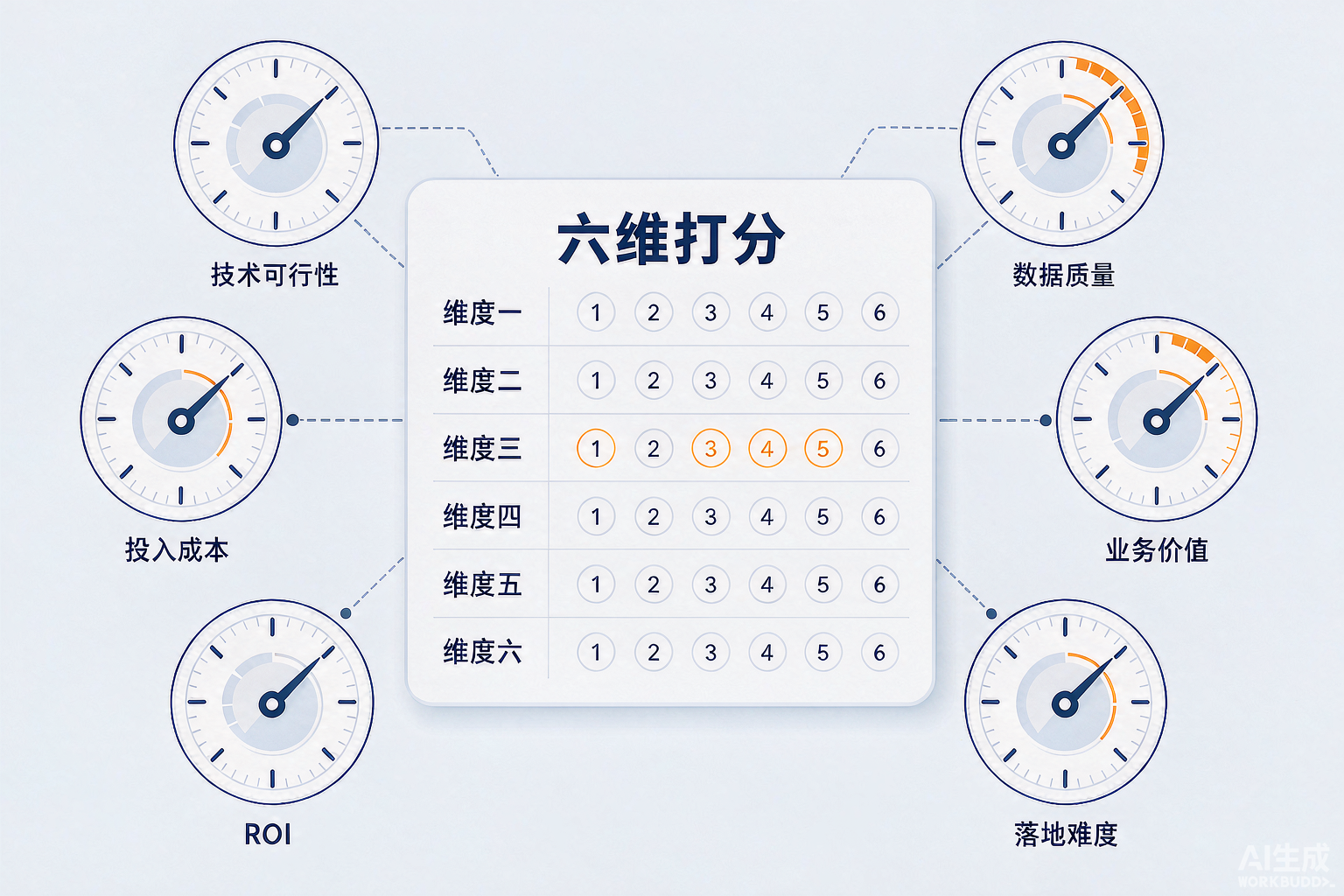 Six-criteria scoring infographic for AI scenarios