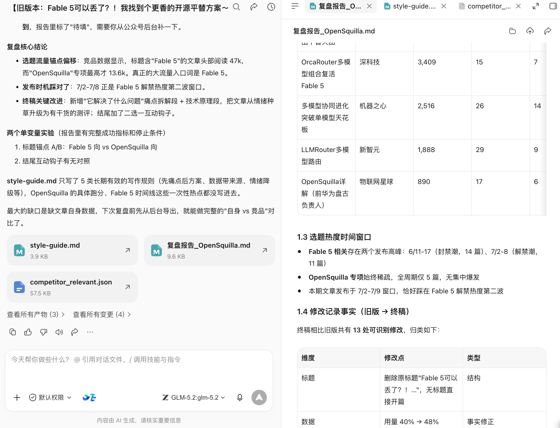 场景七:发布后不复盘,下一篇仍从零开始:把AI最开始产出的文案和终稿都丢进去,最终产出复盘报告和style-guide.md,下次A…(配图 16)